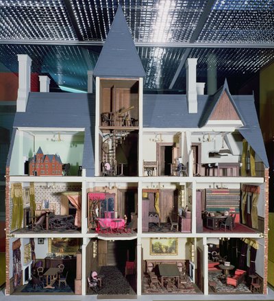 Interior of Victorian Gothic dolls house by English School